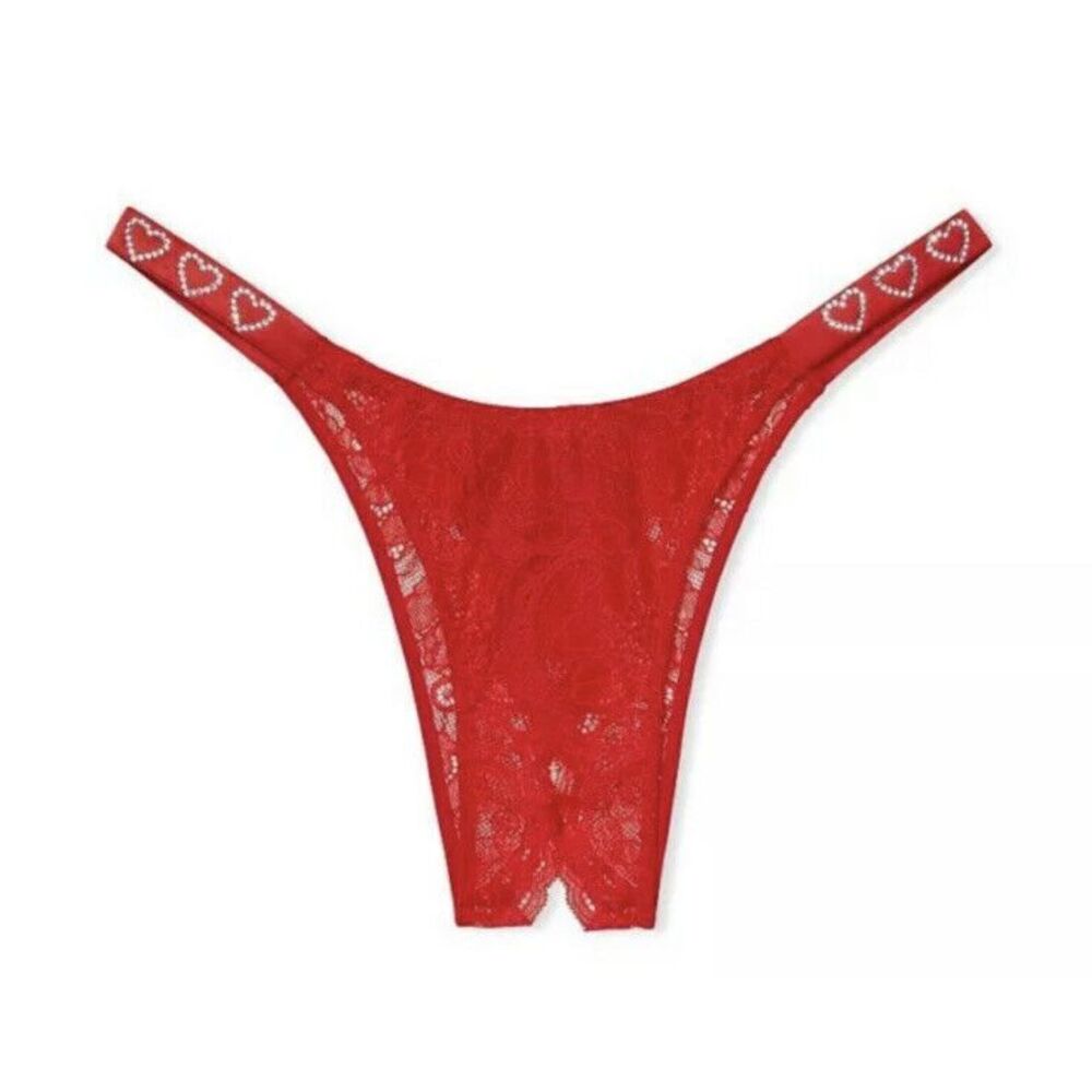 Victoria Secret Very Sexy Heart Shine Strap Lace Open Crotch Brazilian Red - XL